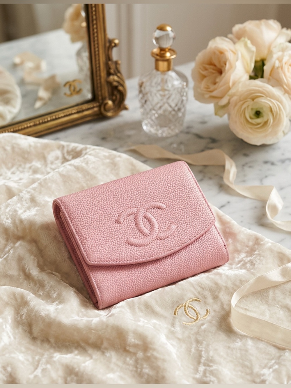 CHANEL Pink Quilted Caviar
Leather Wallet CC Logo w COA card and serial sticker